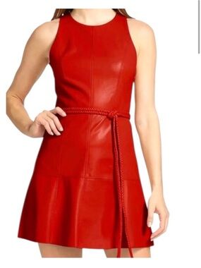Alice + Olivia Leandra Red Vegan Leather Tie Waist Mini Dress Sz 6